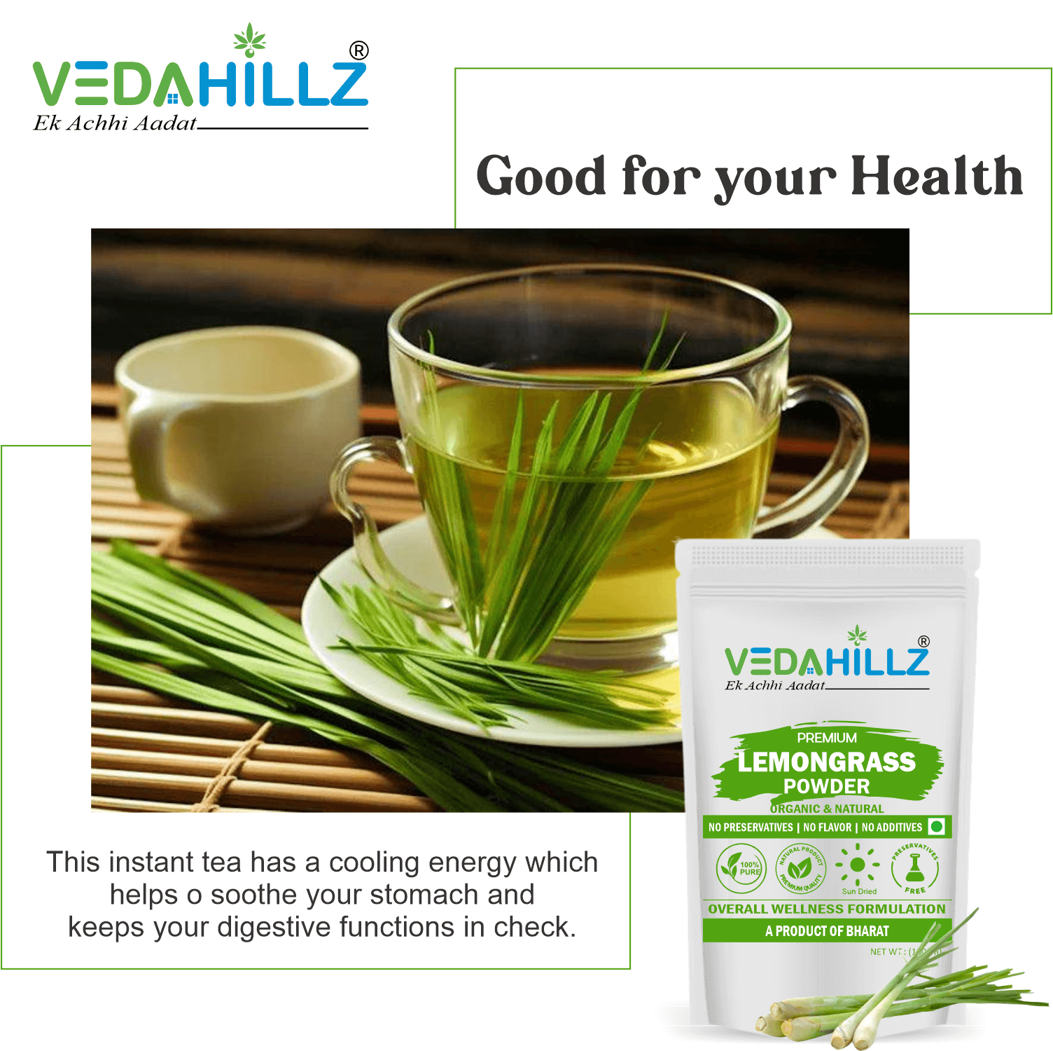 Vedahillz Lemongrass Powder for Tea and Wellness Made from Premium Lemongrass